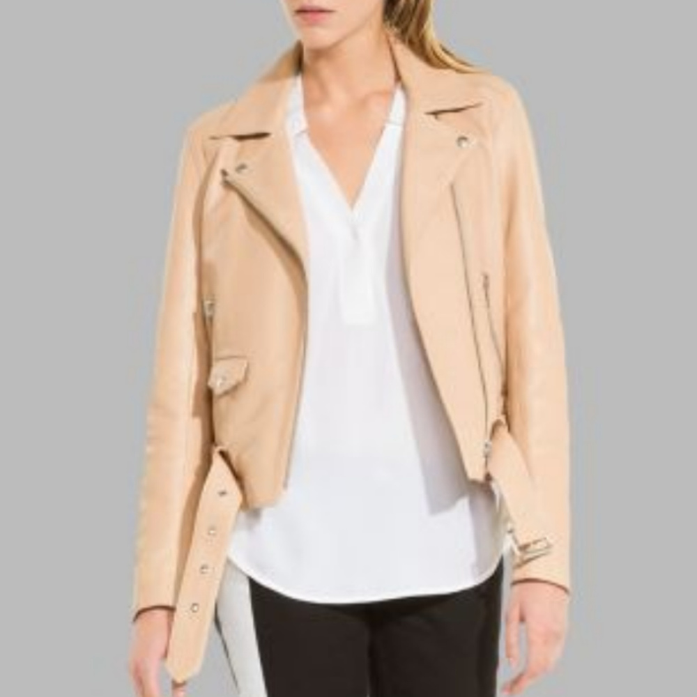 Sandro Beige/Tan Edvin Leather Moto Jacket Size 2